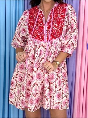 entro Pink & Red Printed Babydoll Dress